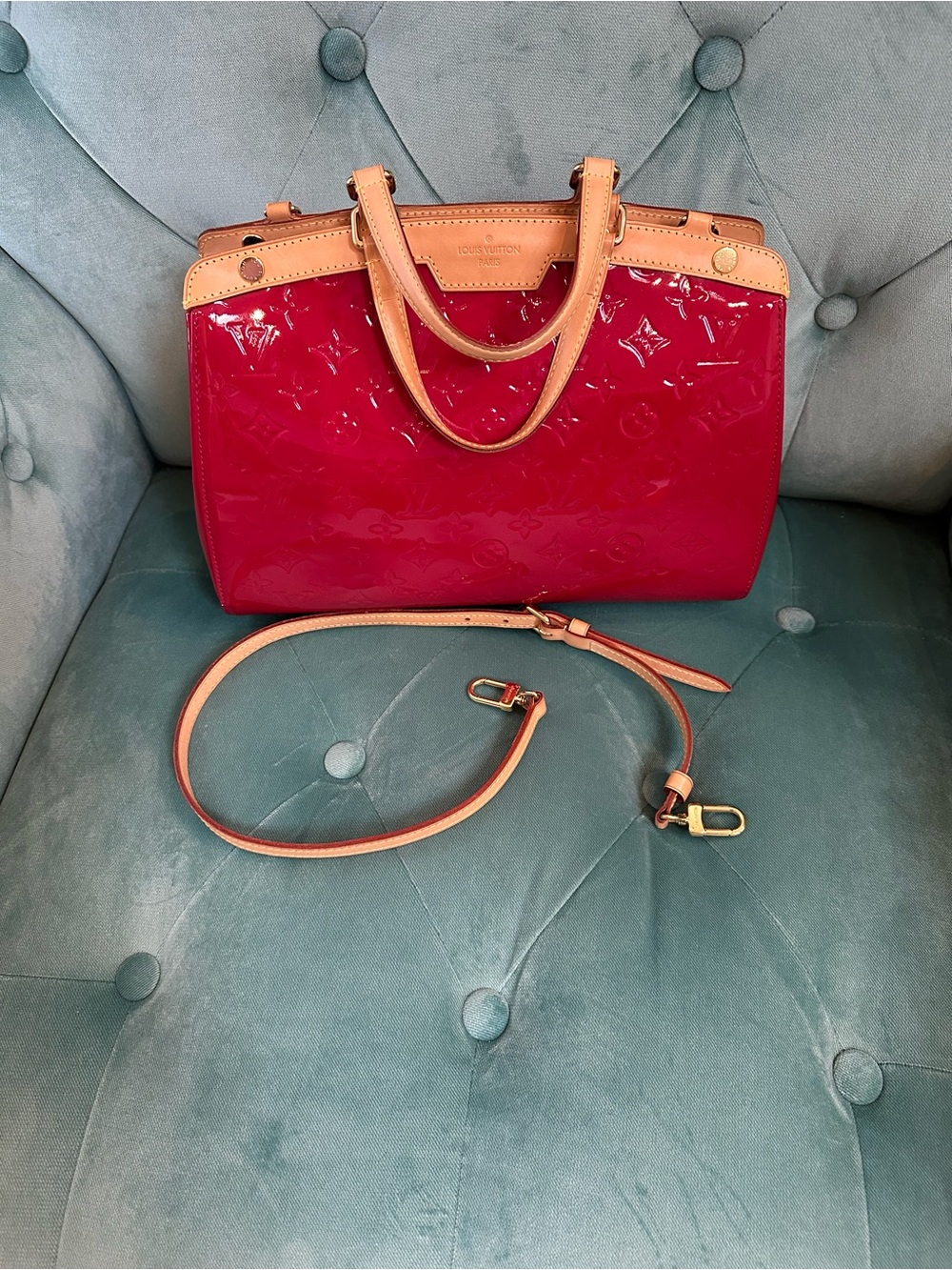 Louis Vuitton Red Patent Vernis Satchel with Natural Trim